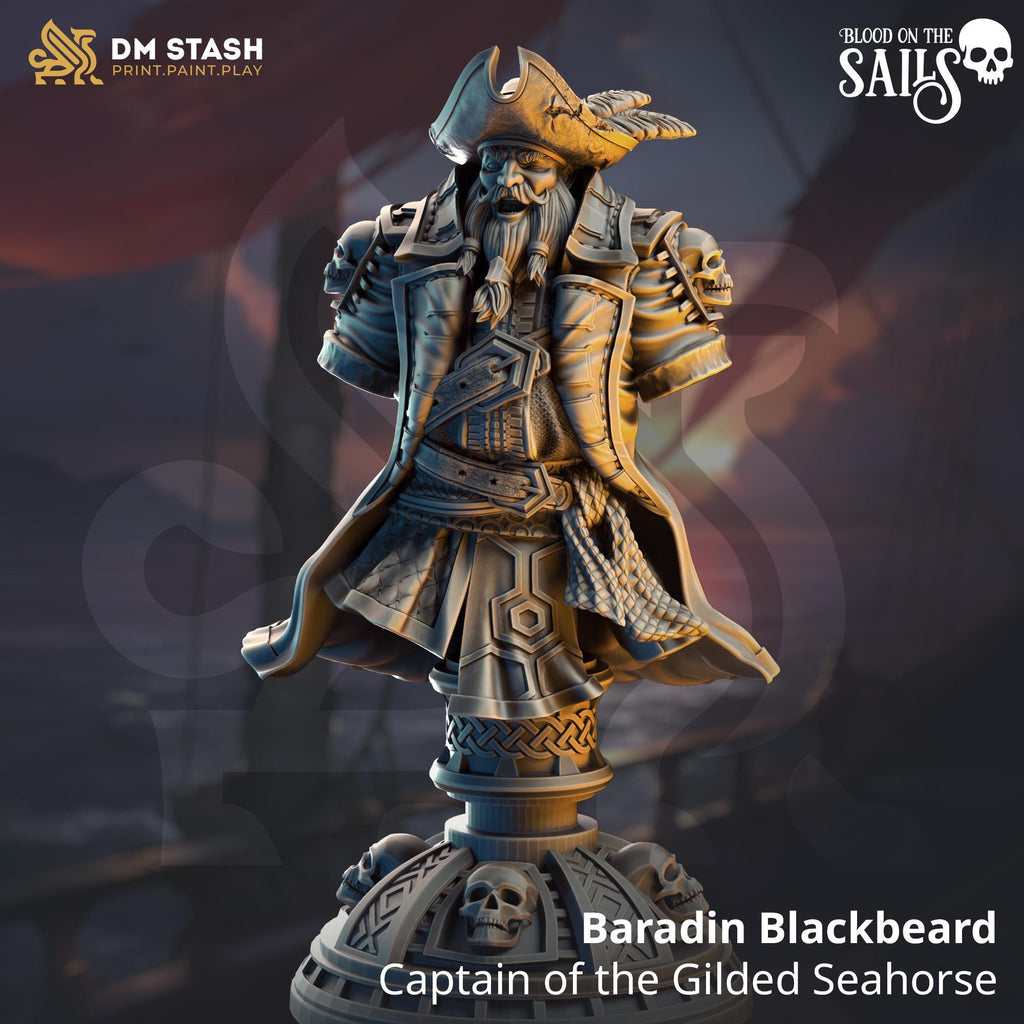 Baradin Blackbeard – Captain of the Gilded Seahorse (BUST) | Paintable Bust 3D Resin Printed Miniature by DM Stash