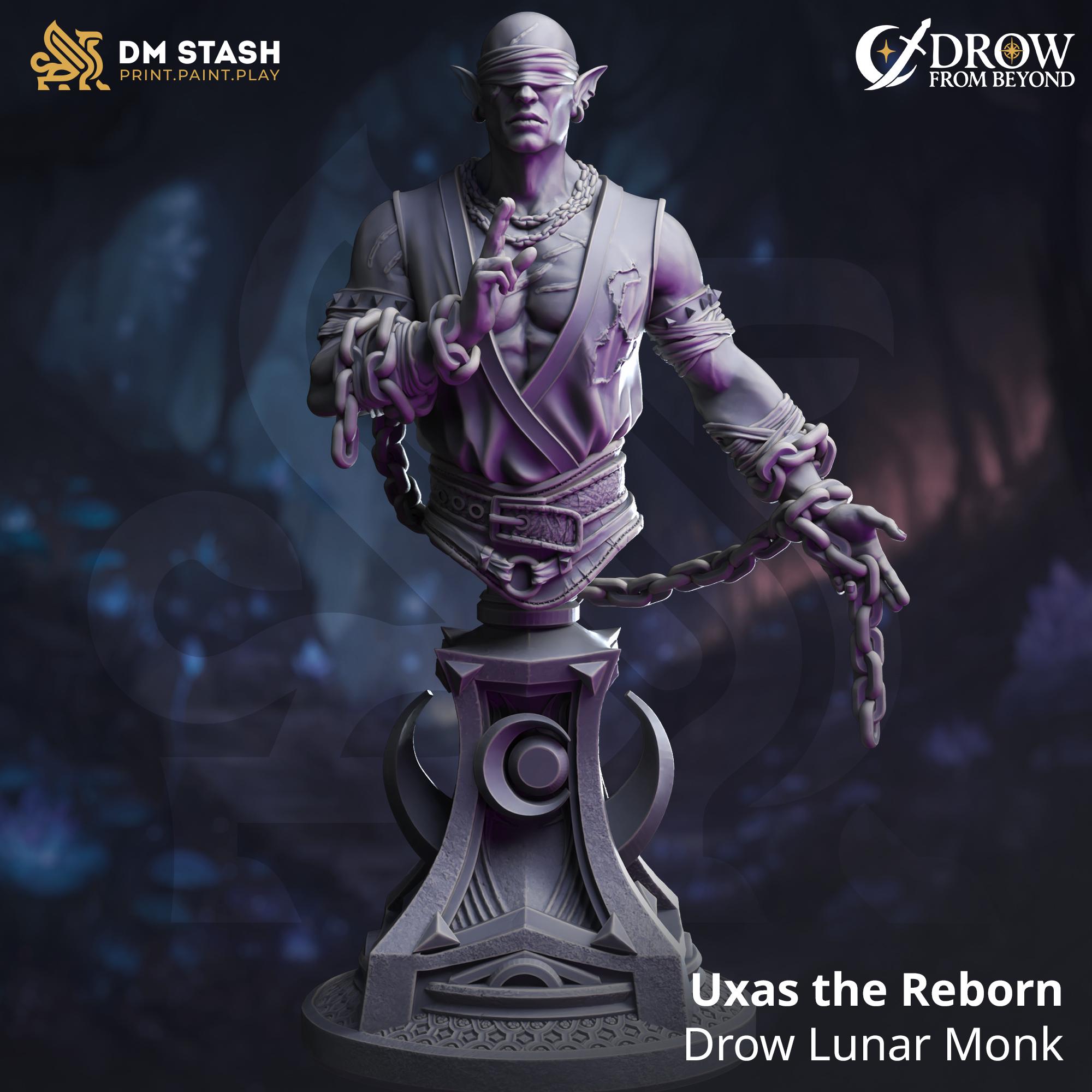 Uxas the Reborn – Drow Lunar Monk (Bust) | Paintable Bust 3D Resin Printed Miniature by DM Stash