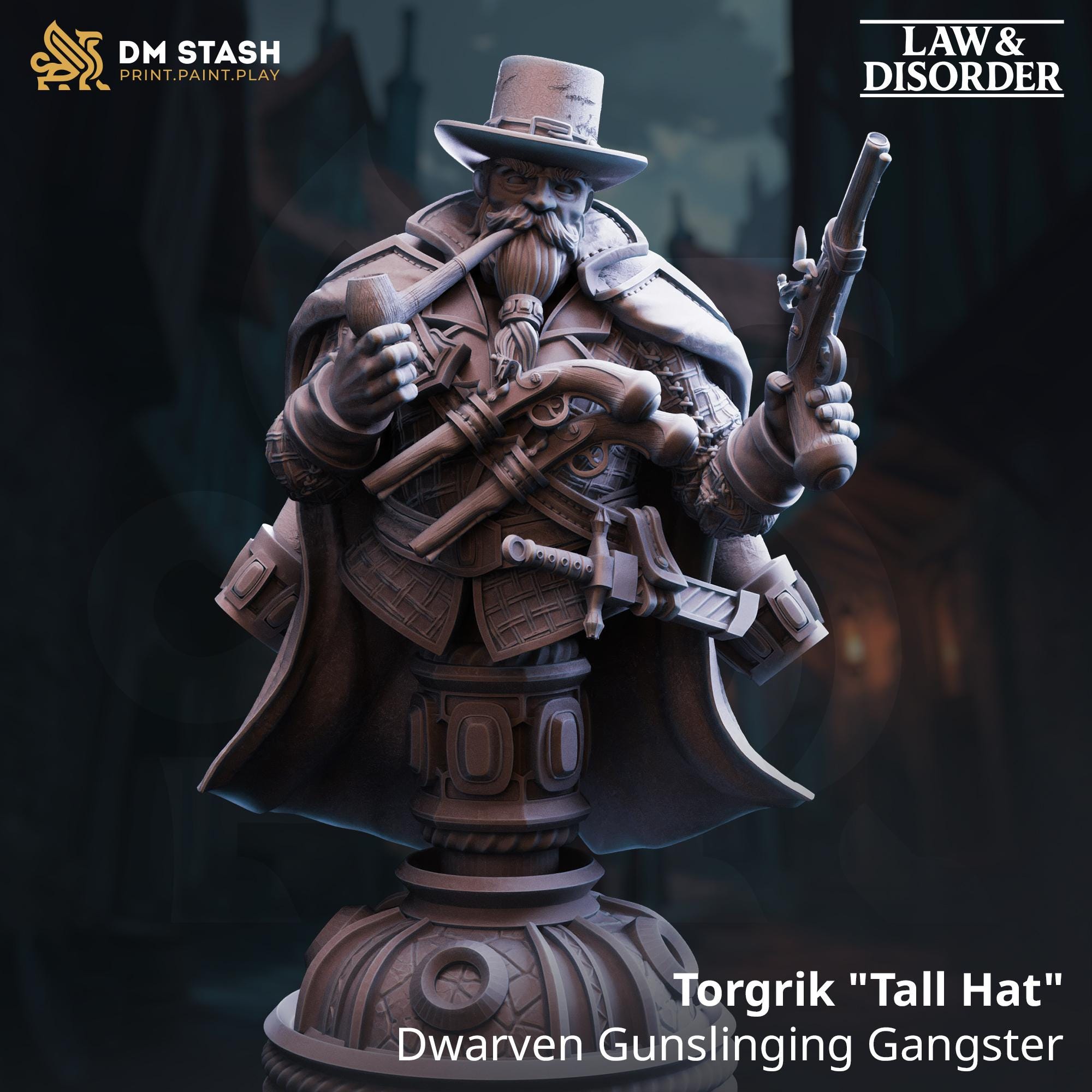 Torgrik “Tall Hat” – Dwarven Gunslinging Gangster (Bust) | Paintable Bust 3D Resin Printed Miniature by DM Stash