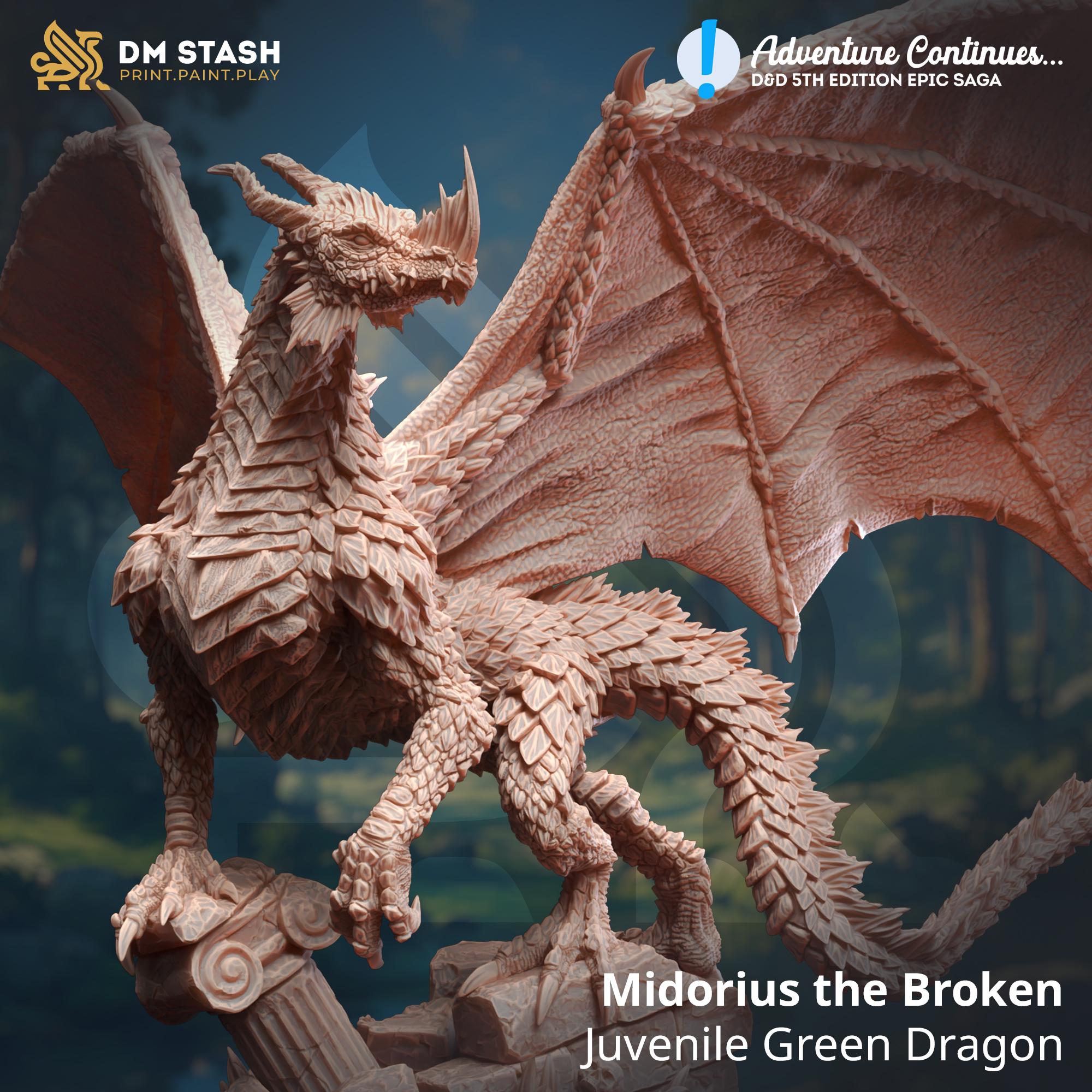 Midorius the Broken – Juvenile Green Dragon | Paintable 3D Resin Printed Miniature by DM Stash