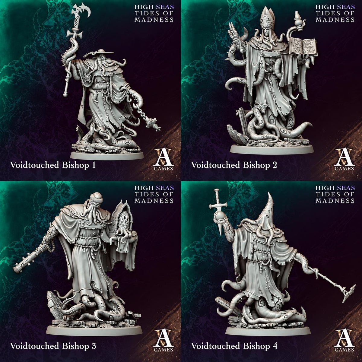 Voidtouched Bishops | Paintable D&D Miniatures | Eldritch Horror Cultists | Lovecraftian Priests | 3D Printed Resin