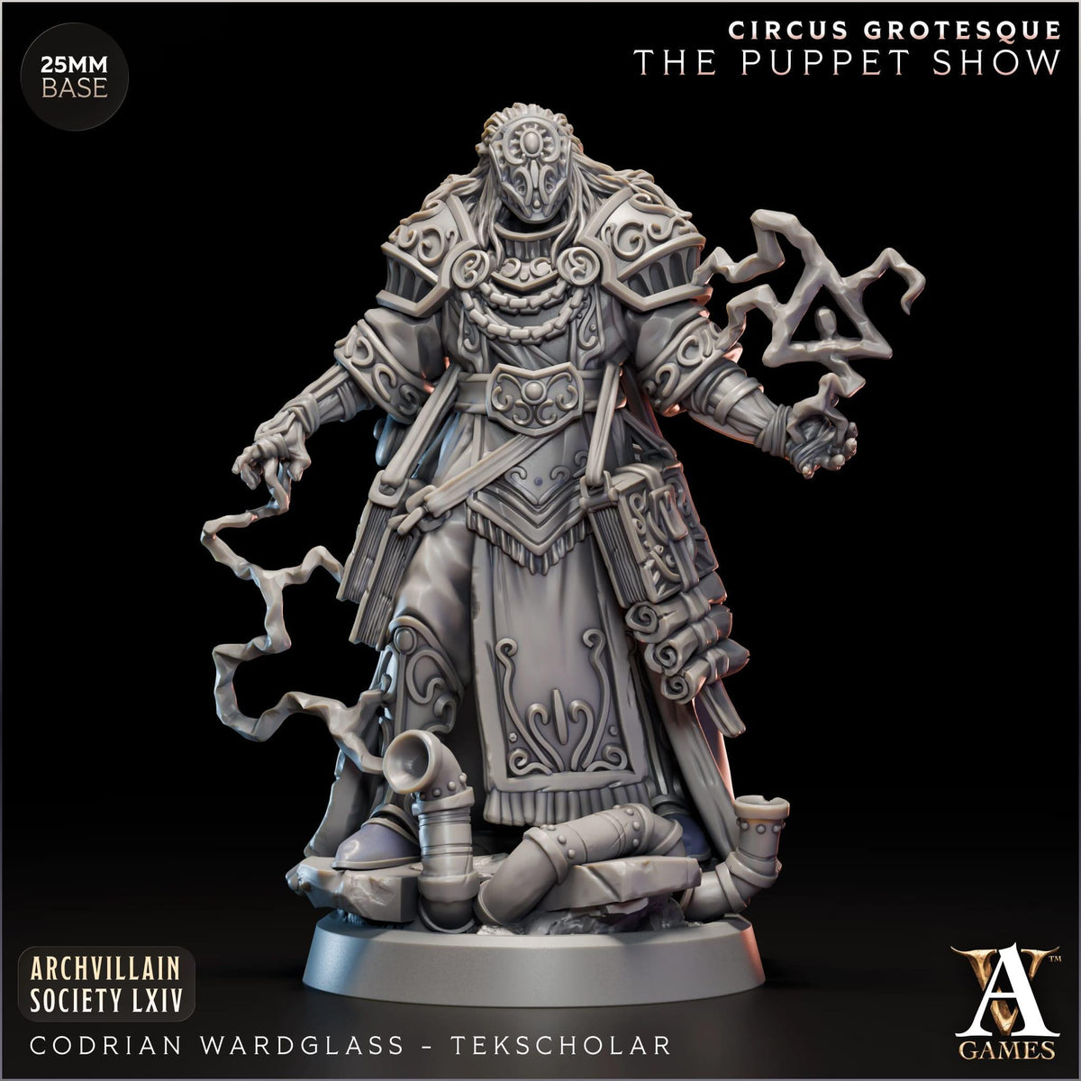 Codrian Wardglass Tekscholar | D&D Wizard Miniature | Masked Arcane Spellcaster | 3D Printed Fantasy Resin Miniature