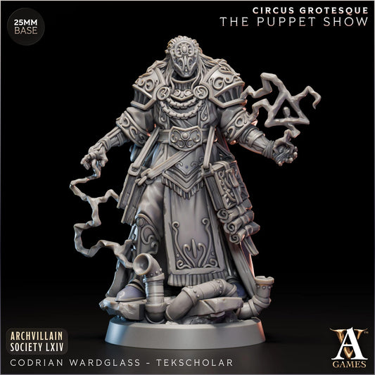 Codrian Wardglass Tekscholar | D&D Wizard Miniature | Masked Arcane Spellcaster | 3D Printed Fantasy Resin Miniature