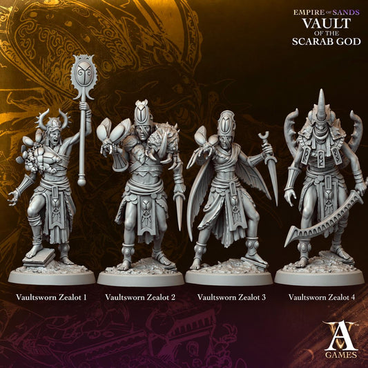 Vaultsworn Zealots | Paintable D&D Miniatures | Egyptian Scarab Cultists | Fantasy Warrior Set | 3D Printed Resin