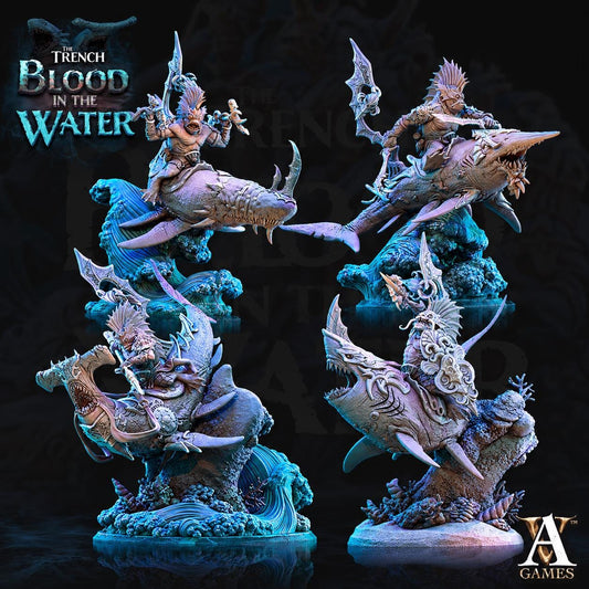 Shakarkha Sharktamers | 4 Poses Paintable 3D Resin Printed Miniature by Archvillain Games